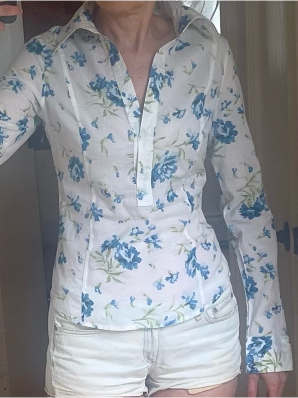 White Floral Long-Sleeve Button Popover Top